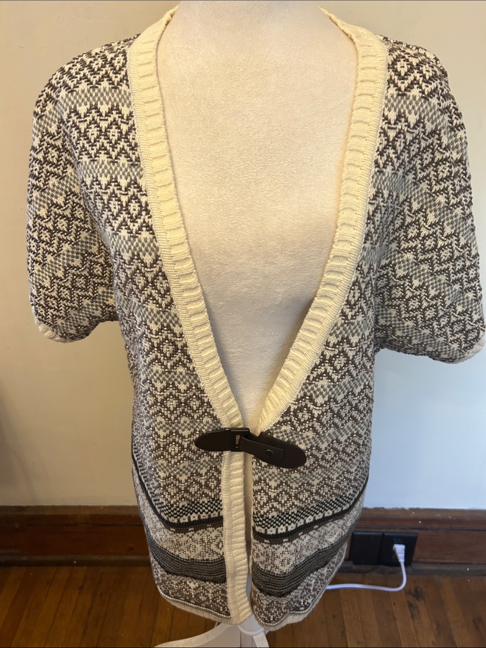 Christopher & Banks Cream Brown Open-Front Short sleeve cardigan Size L NWT